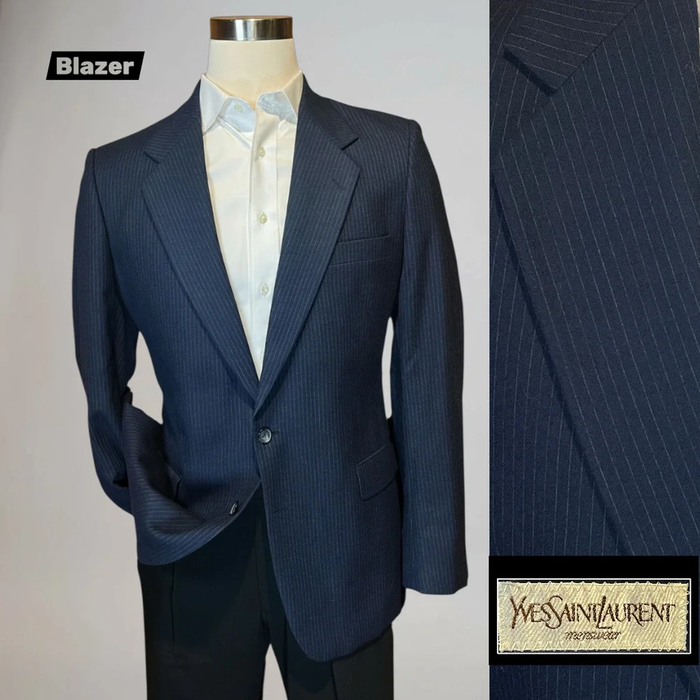 Vtg Yves Saint Laurent France 40L Navy Blue Tonal Stripe Flannel Blazer